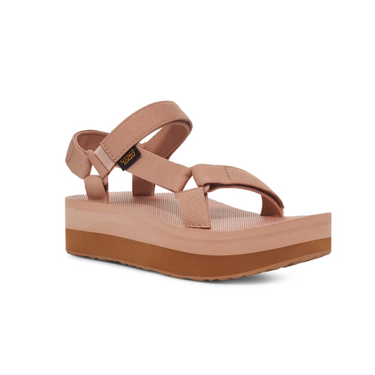 A women's Maple Sugar Lion Flatform Universal sandal with two straps and a rubber sole by Deckers.