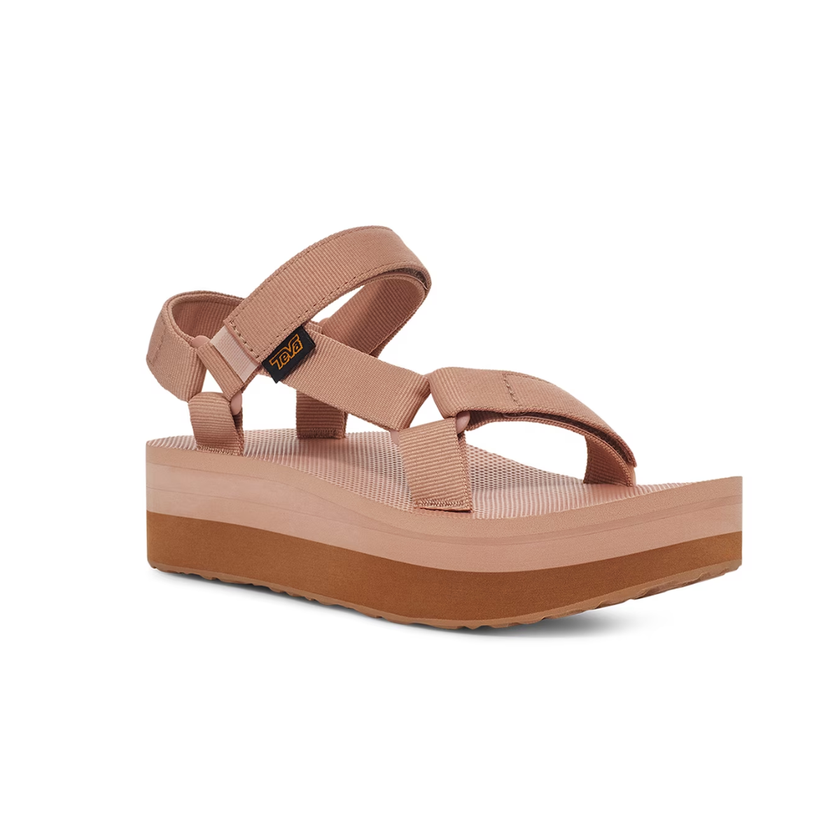 A single brown Flatform Universal sandal with adjustable straps made from REPREVE® recycled polyester webbing on a white background by Teva Sandal.