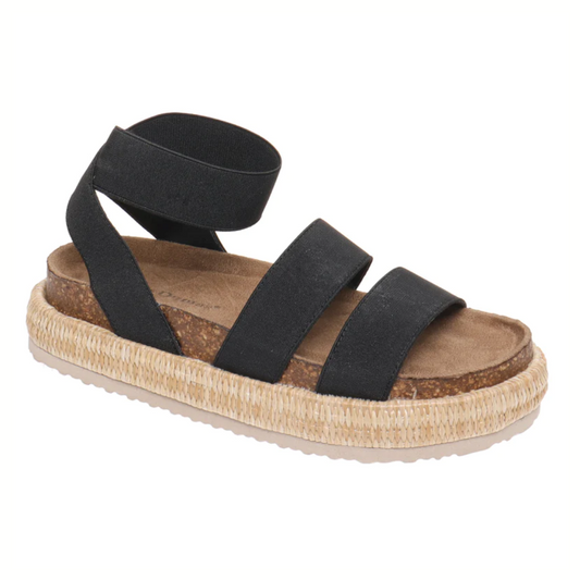 Max-4 in Black Sandal by OLEM SHOE CORP with cork footbed, espadrille sole, and elastic ankle strap.