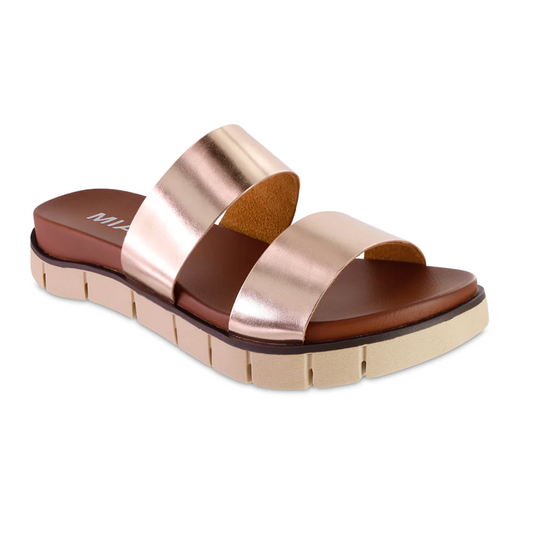 A women's MIA Elori in Rose Gold sandal with two straps and a rubber sole.
