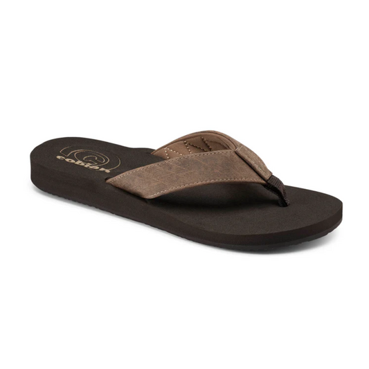 A single brown COBIAN Floater Men's Flip Flop in Mocha with a black sole and a logo on the heel, displayed against a white background.