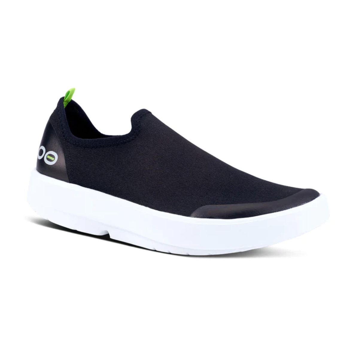 Black OOMG Eezee Low Shoe in Black/White sneaker with white sole and eye-like decorations by OOFOS LLC. Main image