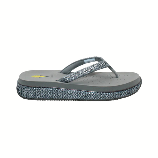 A single Palau Raffia Low Flip Flop in Pewter by Volatile with patterned straps and an EVA insole on a white background.