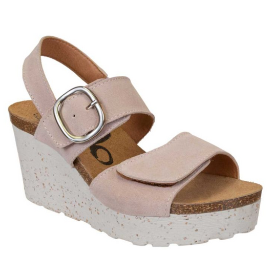 Handcrafted Peasant in Rosette Pink platform wedge sandals with buckle fastening and cork heel, made in Portugal by Consolidated Shoe Co.