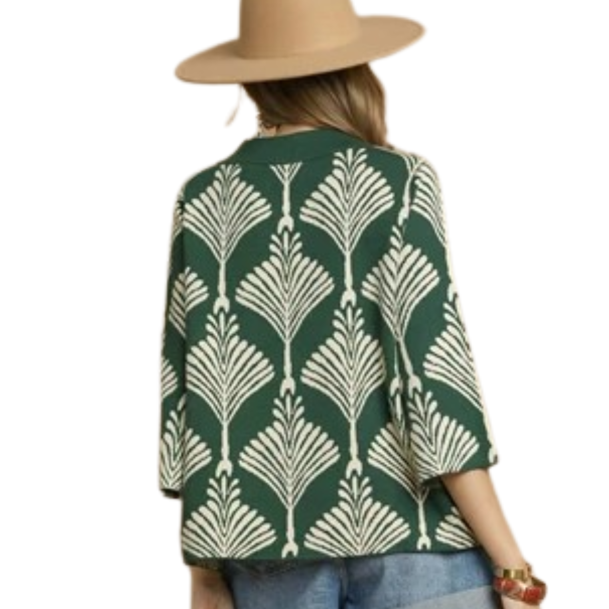 A person wearing the Abstract Print Pullover Sweater in Forest Green by Umgee and a wide-brimmed tan hat is seen from the back—ideal for cozy fall layering.