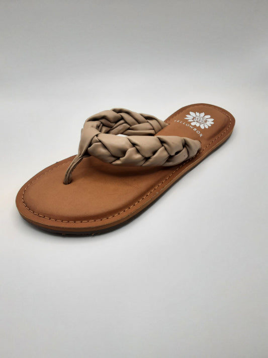 A single taupe braided flip flop with a brown sole and padded thong strap, featuring the classic "Yellow Box" logo on the insole. Known as the YELLOW BOX flip flop DAUPHINE TAUPE from YELLOW BOX - CIT.