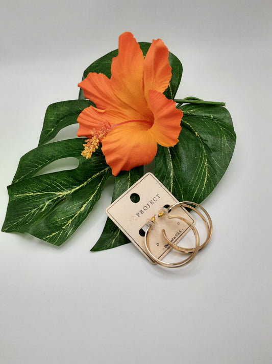 A pair of SPECIAL EFFECTS APROJECT QE1273 METAL gold hoop earrings on a cardboard holder, displayed on a backdrop of a large green leaf and an orange flower.