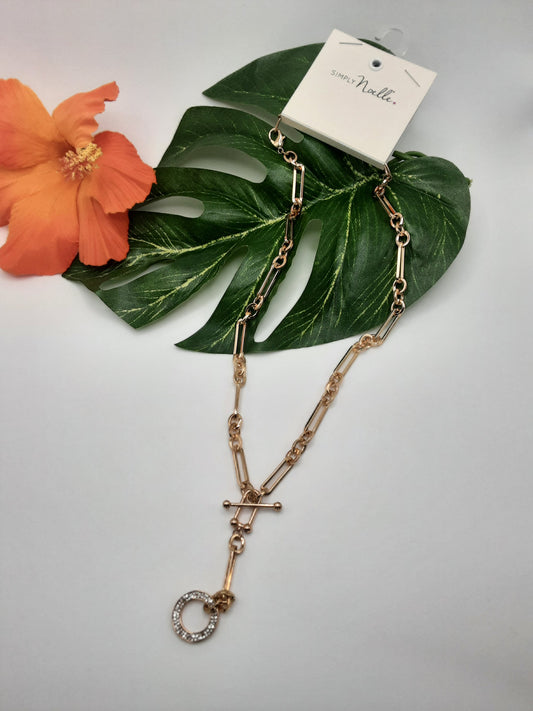 The NOELLE FNECK 109 ASSORTED gold chain necklace by Ganz Inc features a decorative ring pendant and geometric clasp, elegantly displayed on a large green leaf next to an orange flower.