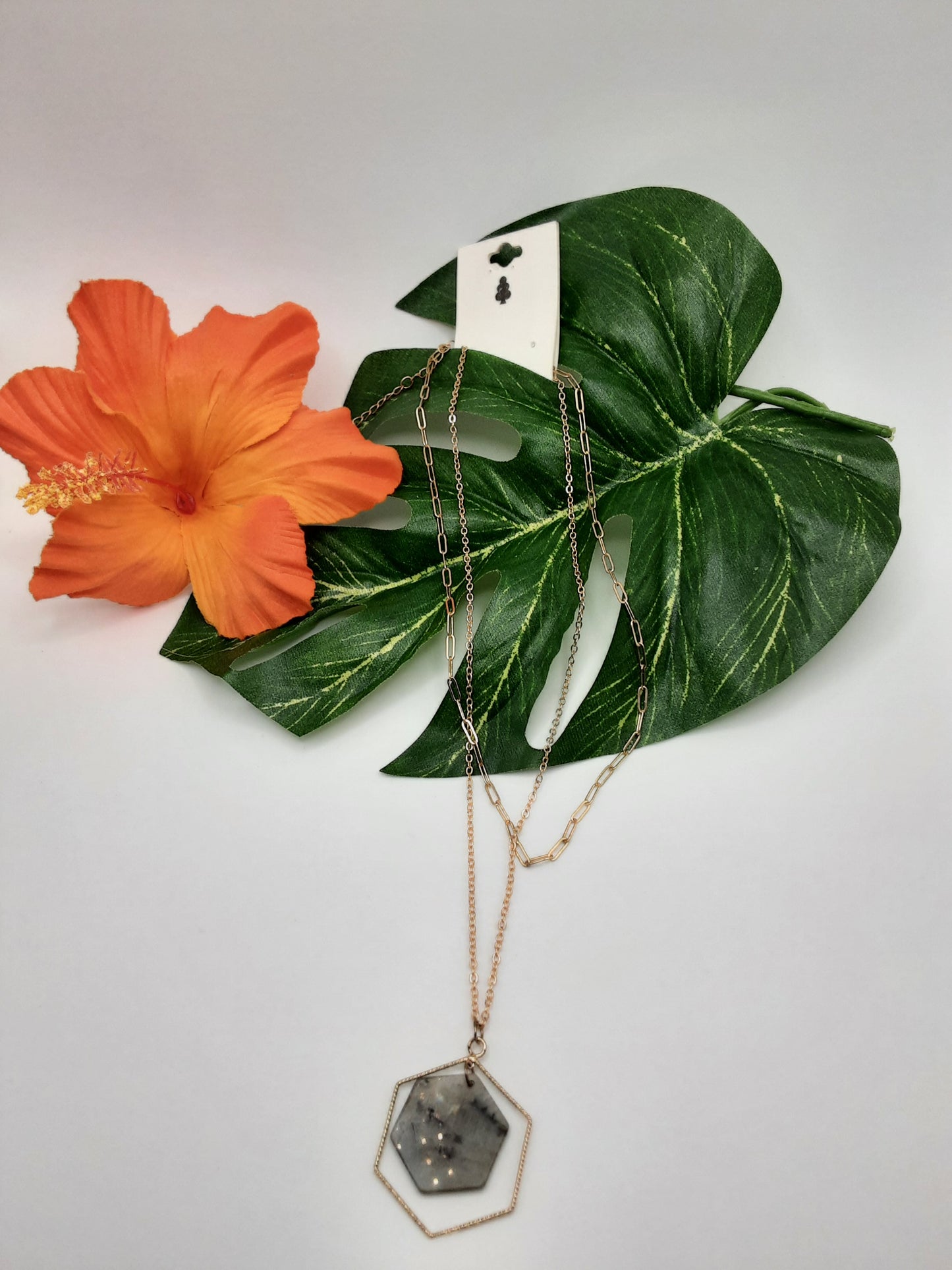 The BLANK NM1128 Labradorite necklace by Fashion Go with a geometric pendant is elegantly displayed on green leaves next to an orange flower.