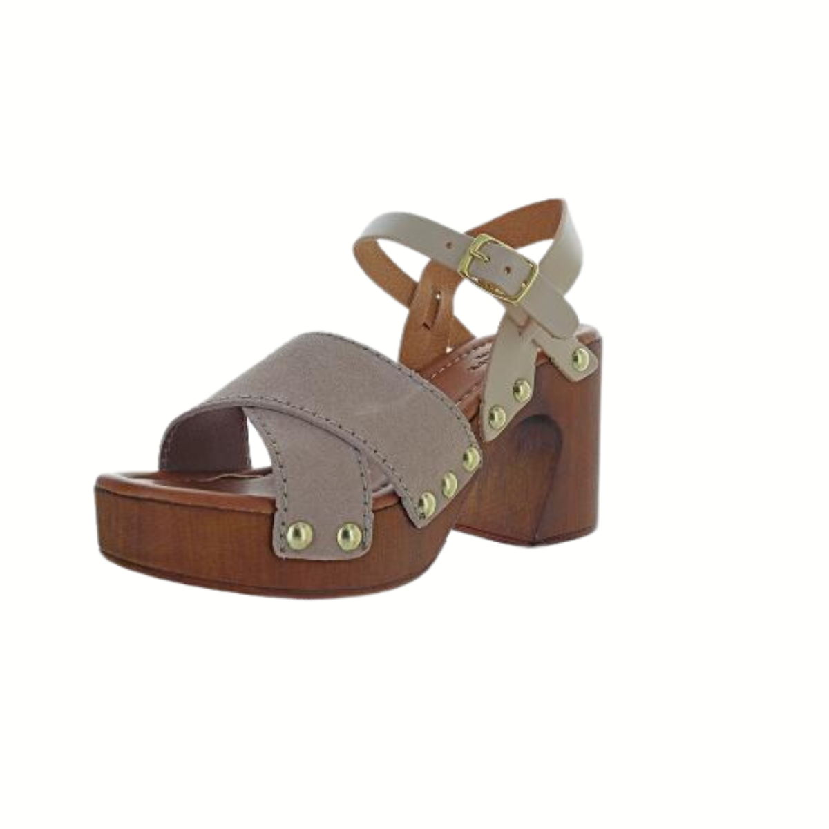 A pair of Romina Heel in Nude Suede platform sandals from the Bernie Mev Premium Line with chunky wooden heels and brass stud details, featuring an ankle strap closure. Main image