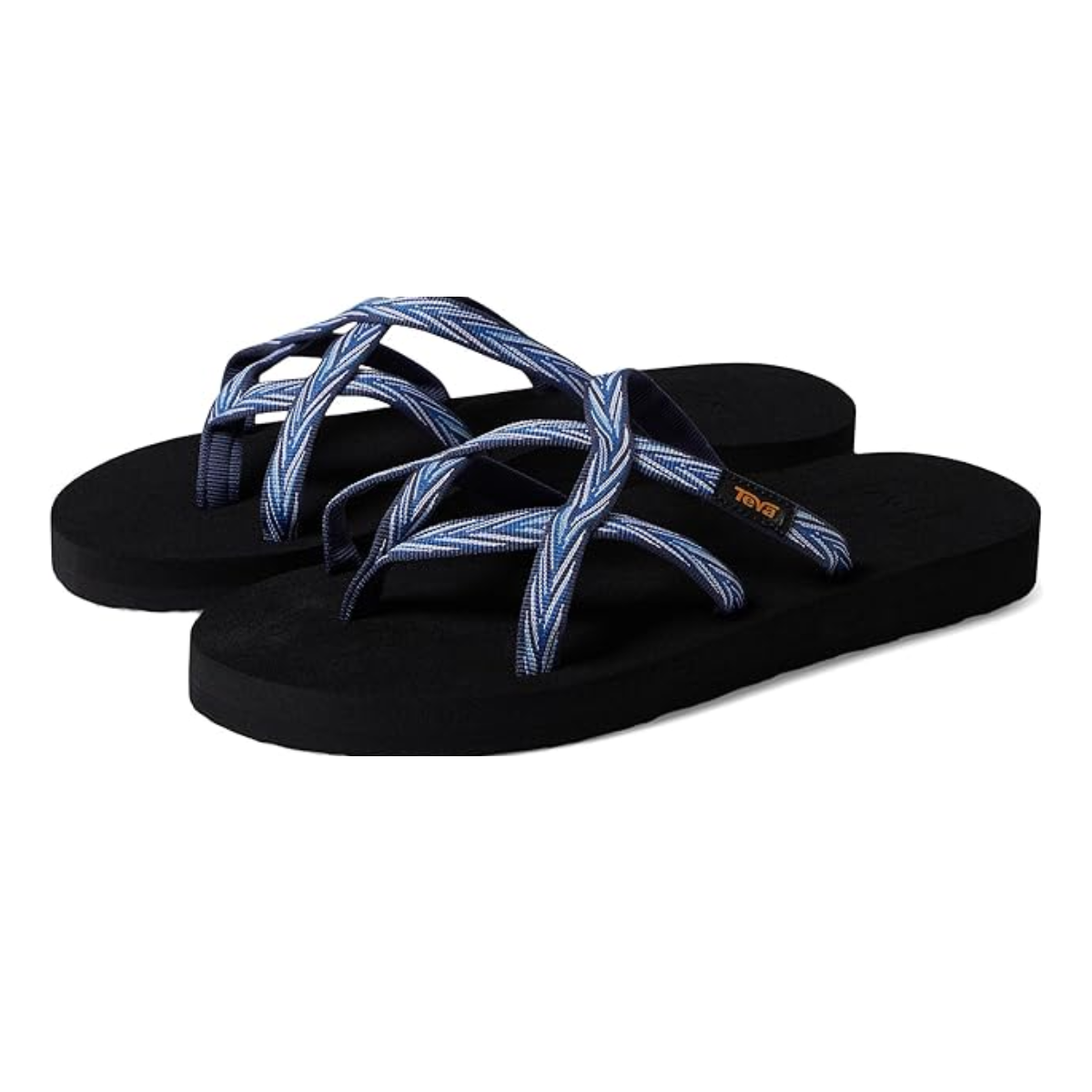A pair of Olowahu Strappy flip-flops in Palms Indigo Blue by TEVA made with Quick-dry webbing.