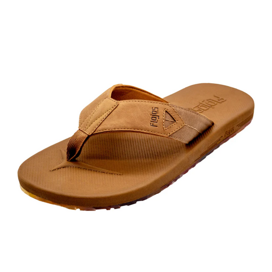 A single Salto Mens flip flop in Tan by FLOJOS with a water-resistant footbed, thick sole, and a wide strap, isolated on a white background.