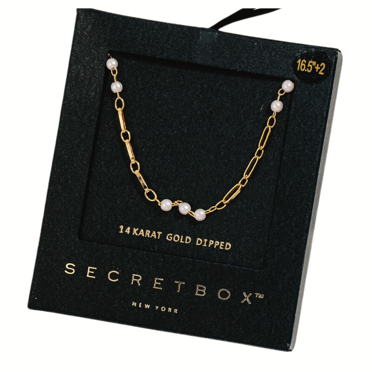 Secret Box Gold Dipped Pearl Beads Chain Necklace by FASHION GO in a black box labeled "secret box new york, 14 karat gold dipped." Price tag reads $16.52. Main image