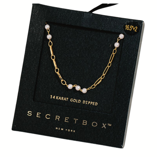 Secret Box Gold Dipped Pearl Beads Chain Necklace by FASHION GO in a black box labeled "secret box new york, 14 karat gold dipped." Price tag reads $16.52.