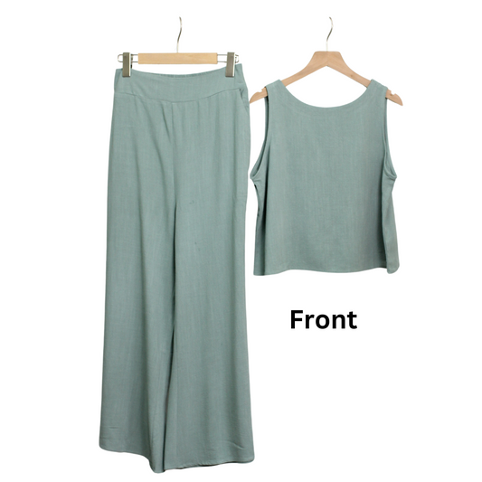 A mint green Sleeveless Top Matching Sets and matching wide-leg pants, part of a chic 2-piece set by FASHION GO, are displayed on wooden hangers. The image is labeled "Front.