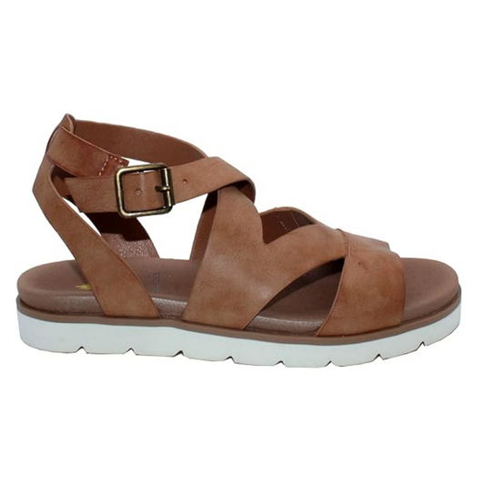 A women's sleek Smores Soft Sandal in Tan by Volatile with two faux leather straps and two buckles.