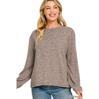 Soft Melange Hacci round neck long sleeve tee in chocolate with relaxed fit and banded cuffs