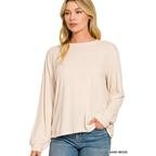 Soft Melange Hacci round neck long sleeve tee in sand beige with relaxed fit and banded cuffs