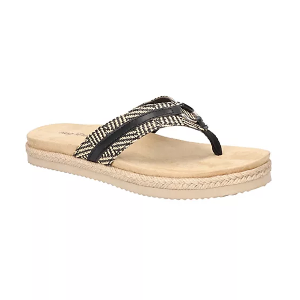 The Starling Woven in Black by Easy Street thong sandal is a stylish women's flip flop with a comfortable braided strap, adding a fashionable accent to any outfit.