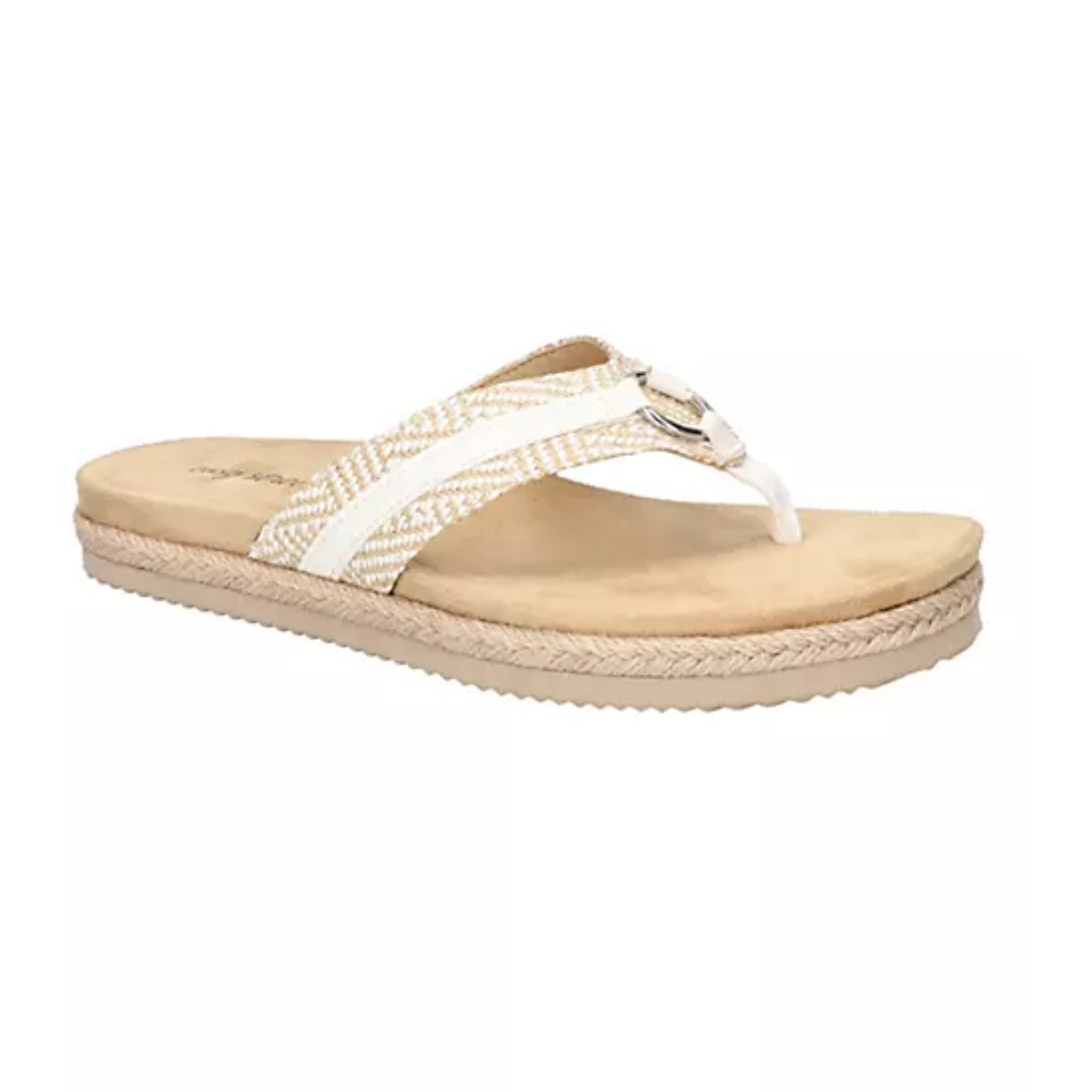 A women's Starling Woven in Beige flip flop sandals by Easy Street, featuring comfort and fashion accent.