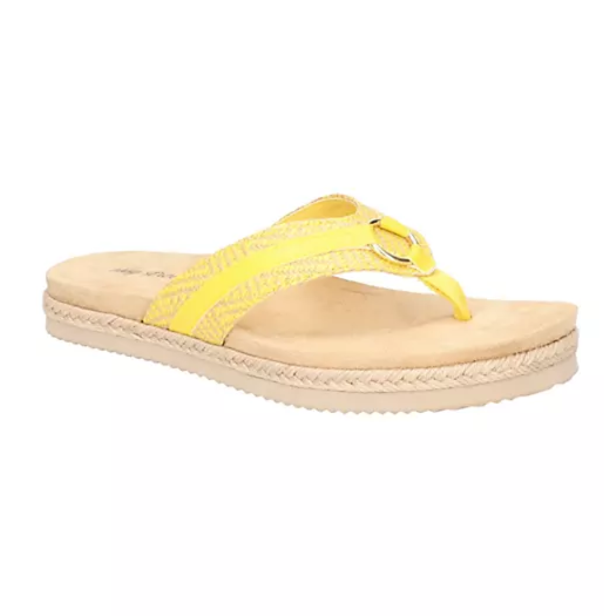 A comfortable Starling Woven in Yellow thong sandal by Easy Street with a yellow rope trim.
