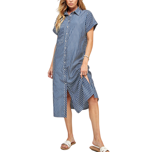 A woman wearing a "Striped Button Down Short Sleeve Midi Dress" in a casual style by FASHION GO.