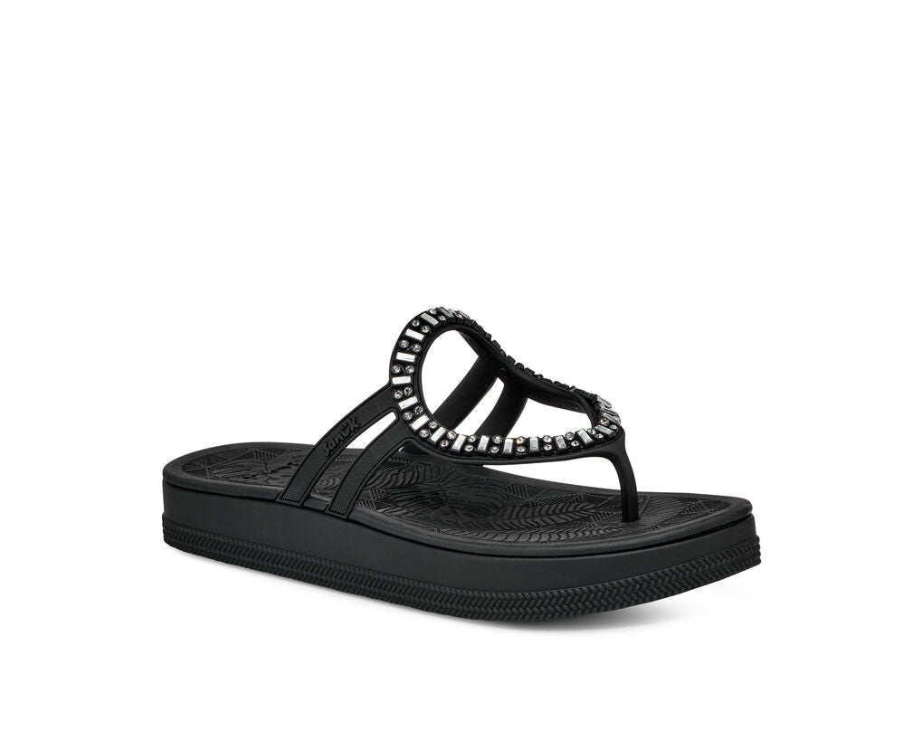 Sanuk Sunshine Gem women's black flip flop sandal with beading, featuring a water-friendly design and SugarLite™ sole.