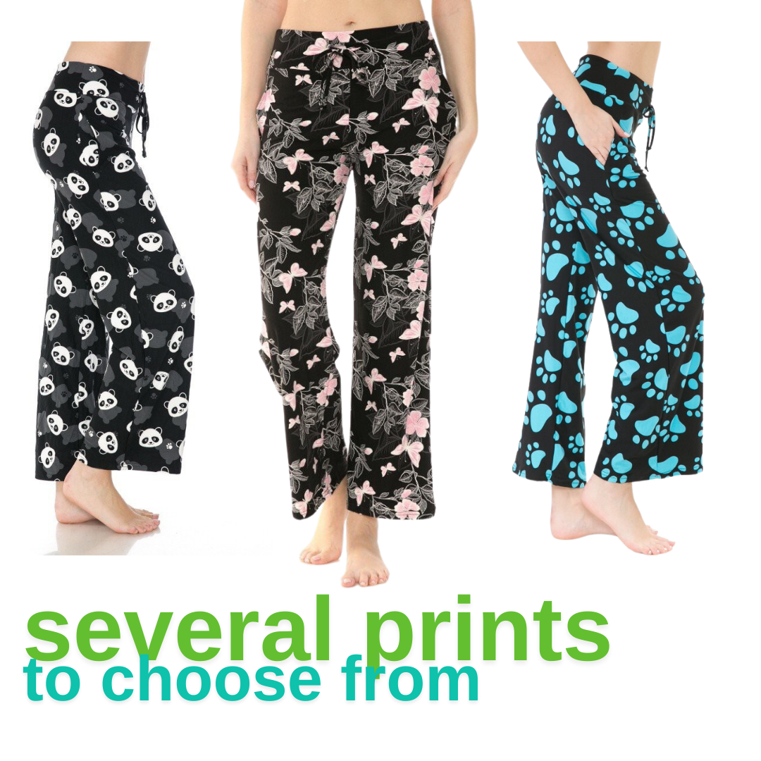 Three women wearing the Buttery Soft Pajama Pants with Drawstring by FASHION GO are seen sporting a variety of patterns—panda, pink floral, and blue paw prints. The pants feature an elastic waistband and come with the phrase "several prints to choose from" displayed in green. Main image