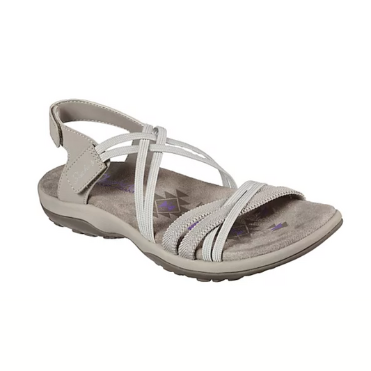 A single taupe strappy SKECHERS Reggae Slim Takes Two sandal with a cushioned Memory Foam insole and a small heel.