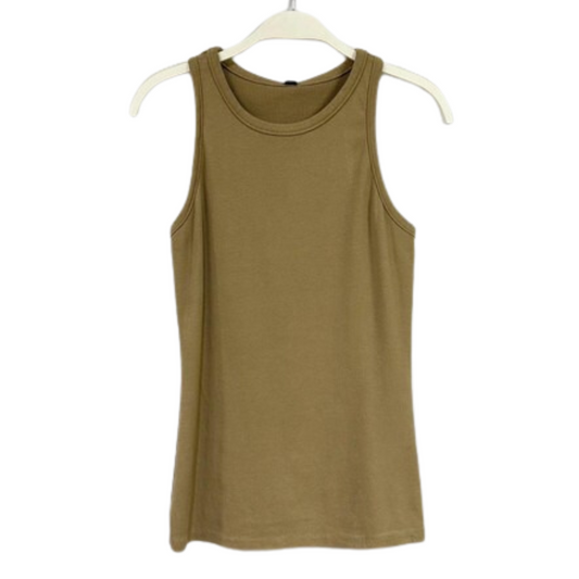 Cottom Blend Rib Tank Top in Camel by FASHION GO displayed on a hanger against a white background.