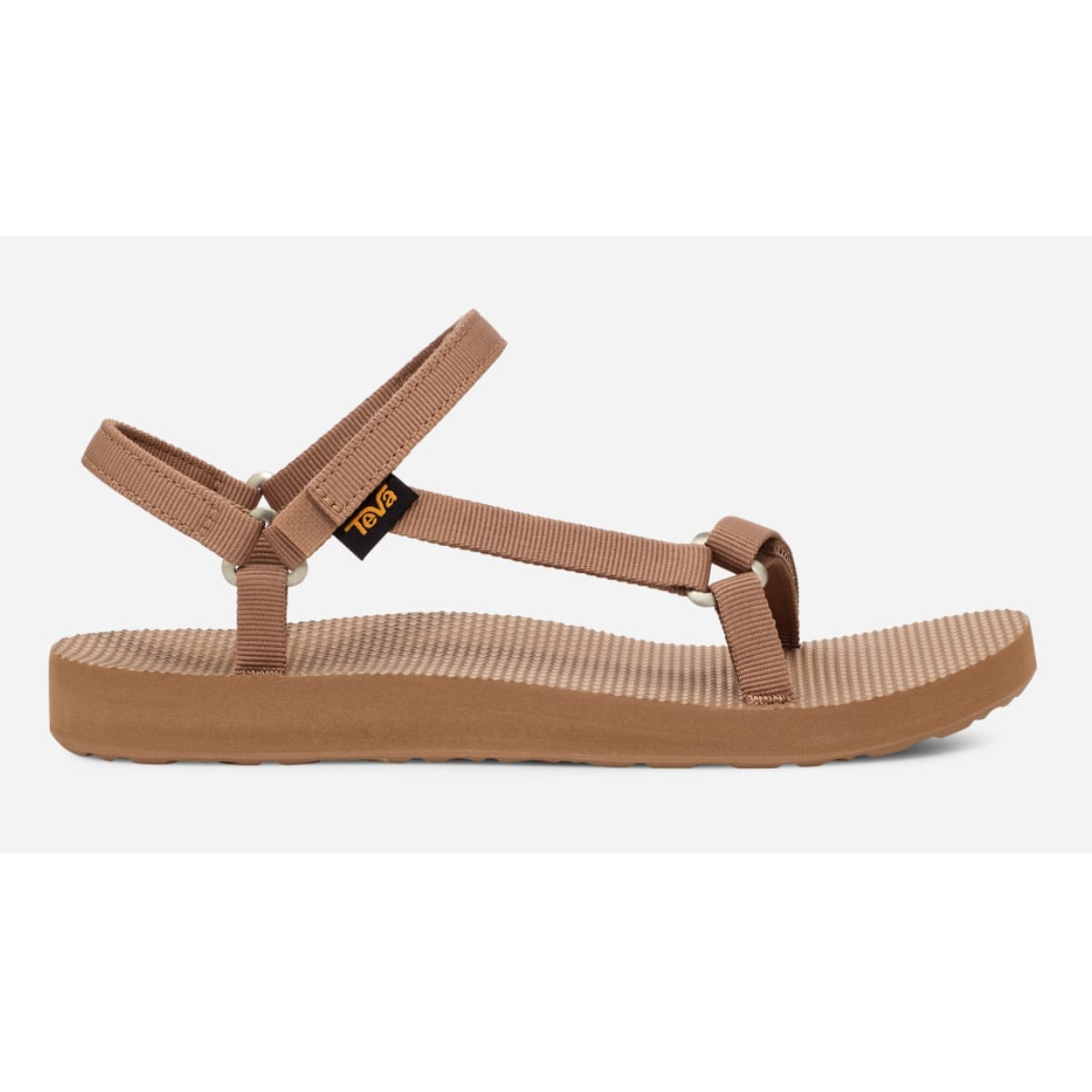 Brown Original Universal Slim in Tigers Eye Teva sports sandal on a white background by Deckers. Main image