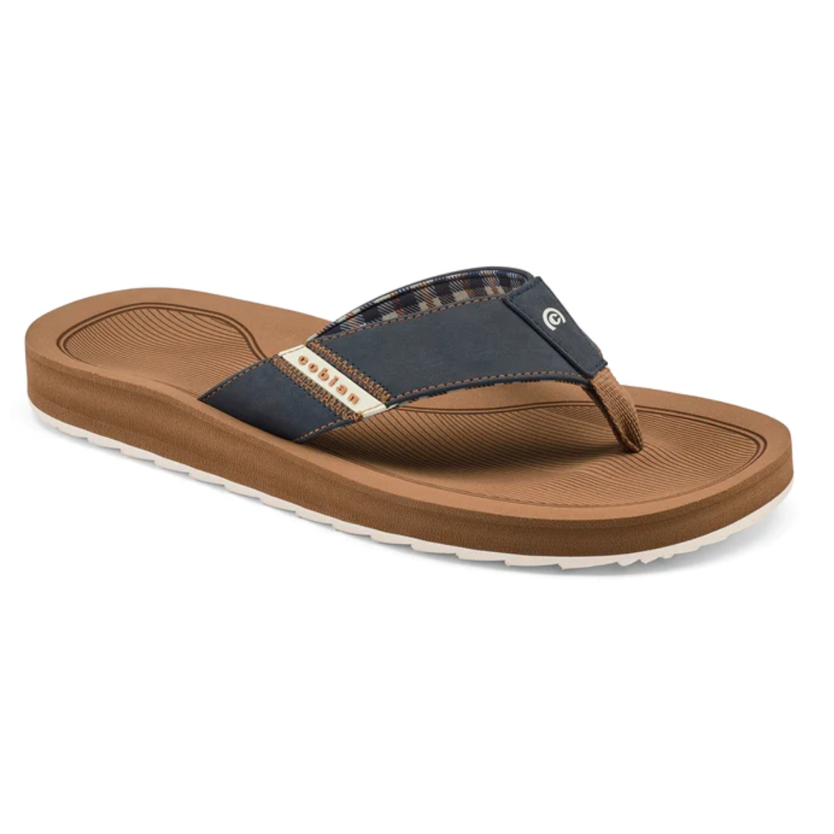 Men's flip-flop with plaid strap detail and brown sole, known as the COBIAN ARV 2 Trek Mens Flip Flop in Navy sandal. Main image