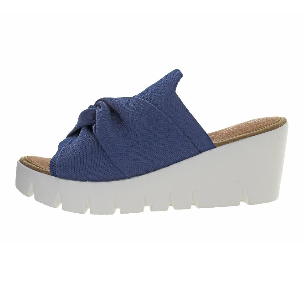 Blue BERNIE MEV Venti Twist in Navy platform sandal with a bow detail on a white background.