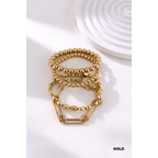 Gold-tone four-piece bracelet set with two bead bracelets, round disc links, and paperclip chain