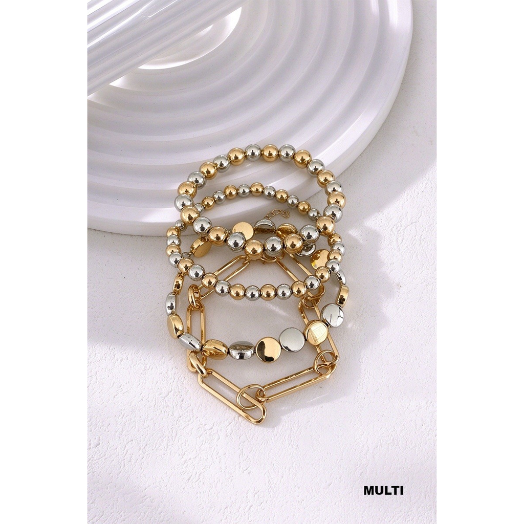 Multi-tone four-piece bracelet set with gold-tone and silver-tone beads, disc links, and paperclip chain