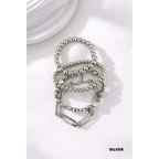Silver-tone four-piece bracelet set with bead bracelets, disc links, and paperclip chain