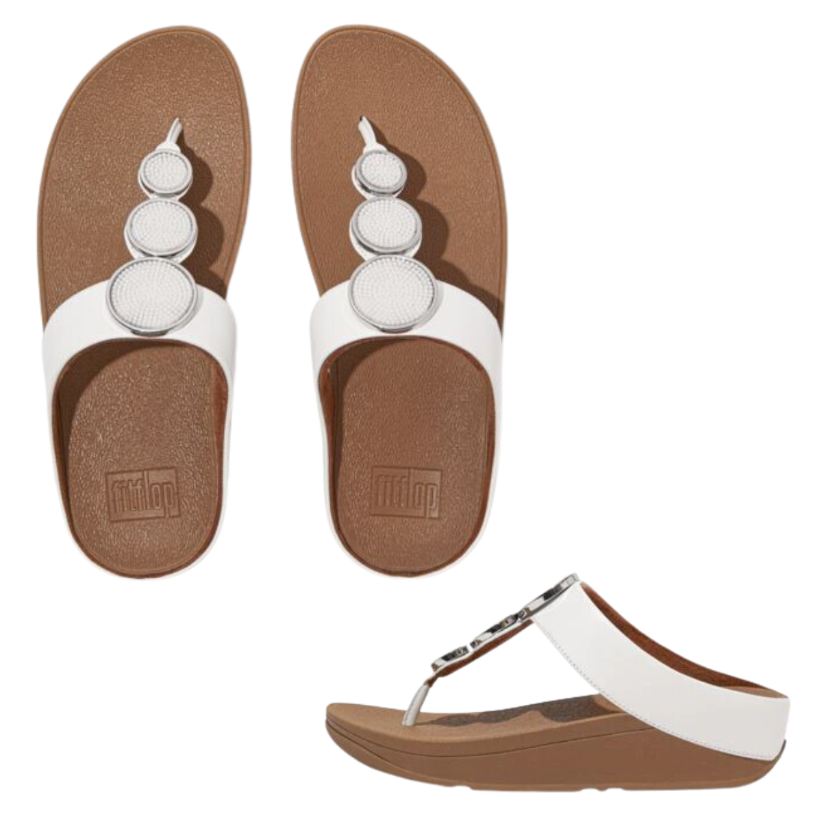 A pair of white Halo Bead Circle by Fit Flops flip flops with a white leather strap by FITFLOP USA LLC.