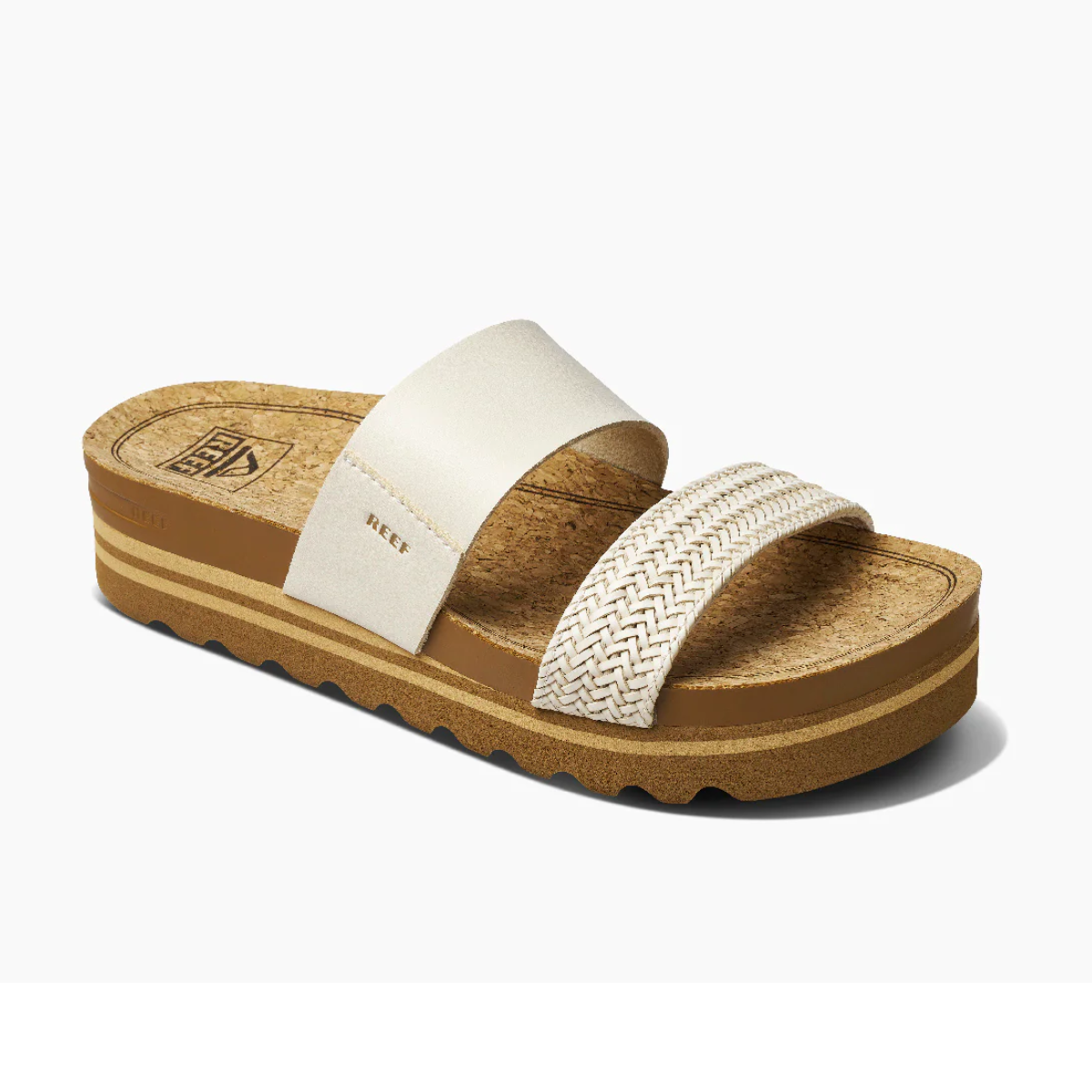 Women's two-strap sandal with a woven design and cork sole, featuring vegan leather straps. Try the Cushion Vista Hi Vintage White Sandal by REEF. Main image