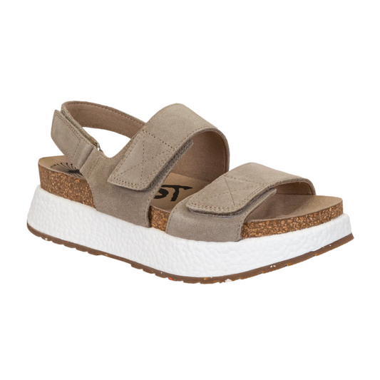 A single Wandering in Mudd Taupe sandal by OTBT SANDAL with adjustable straps and a white sole displayed against a white background.