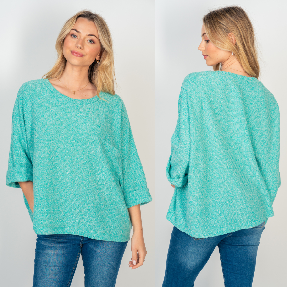 The model is wearing a comfortable FASHION GO Oversized Ribbed Knit Top in Seafoam.