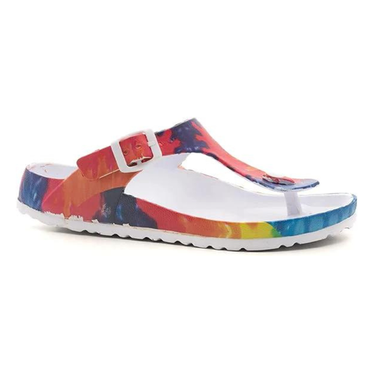 Colorful single sandal with adjustable strap in rainbow tie dye on a white background: Jet Ski - Tie Dye Flip Flop by CORKY'S FOOTWEAR.