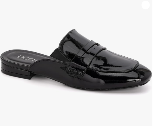 CORKY'S FOOTWEAR INC Black patent leather loafer-style slide shoe, comfortable for all-day wear.