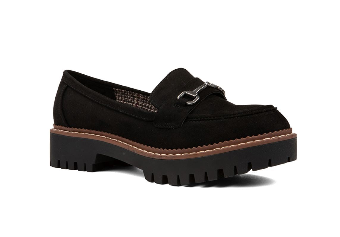 A women's JELLYPOP MARIO BLACK loafer with a wooden sole that offers a classic loafer look.