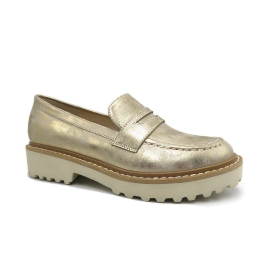 A women's PIERRE DUMAS MORA1 GOLD loafer with a cute, gold shimmer. (Brand: Olem Shoe Corp)