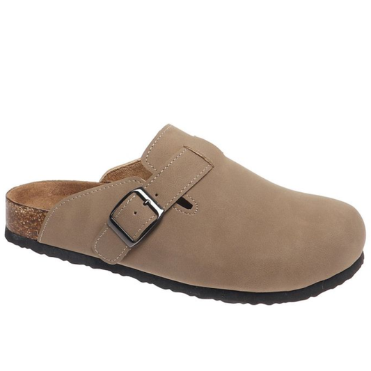 Stylish taupe clog with buckle on white background by Olem Shoe Corp.