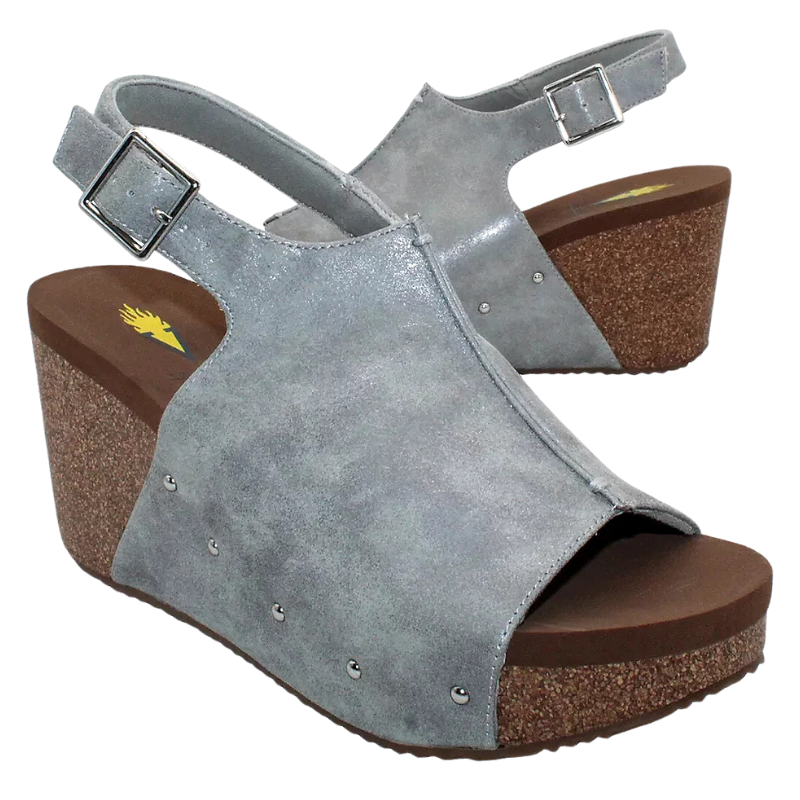 A pair of women's VOLATILE DIVISION GREY peep-toe wedge sandals with cork-covered VOLATILE - ROSENTHAL & ROSENTHAL wedge heels.