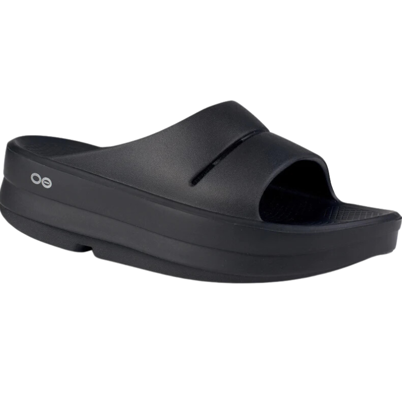 A single black OOFOS OOMEGA SLIDE SANDAL with a thick sole and a rounded toe, displayed against a white background. Main image