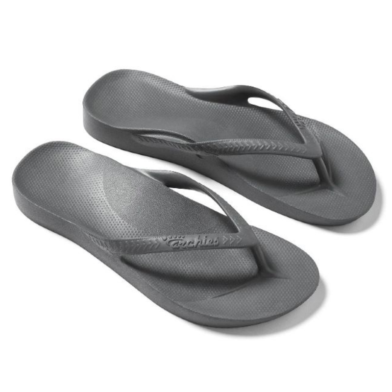 A pair of ARCHIES ARCH SUPPORT FLIP FLOPS in grey, offering comfort on a white background, from ARCHIES FOOTWEAR LLC.