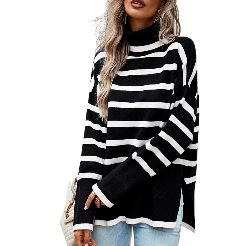 A woman wearing a black and white Striped Mock Neck Side Slit Sweater.