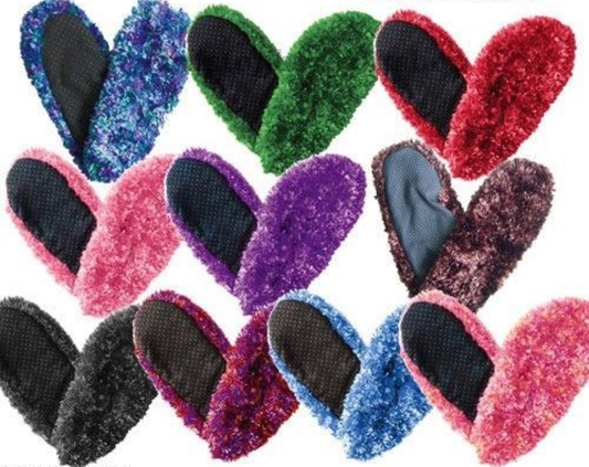 Colorful array of RCS Fuzzy Footies Adult Asst shaped into hearts on a white background.